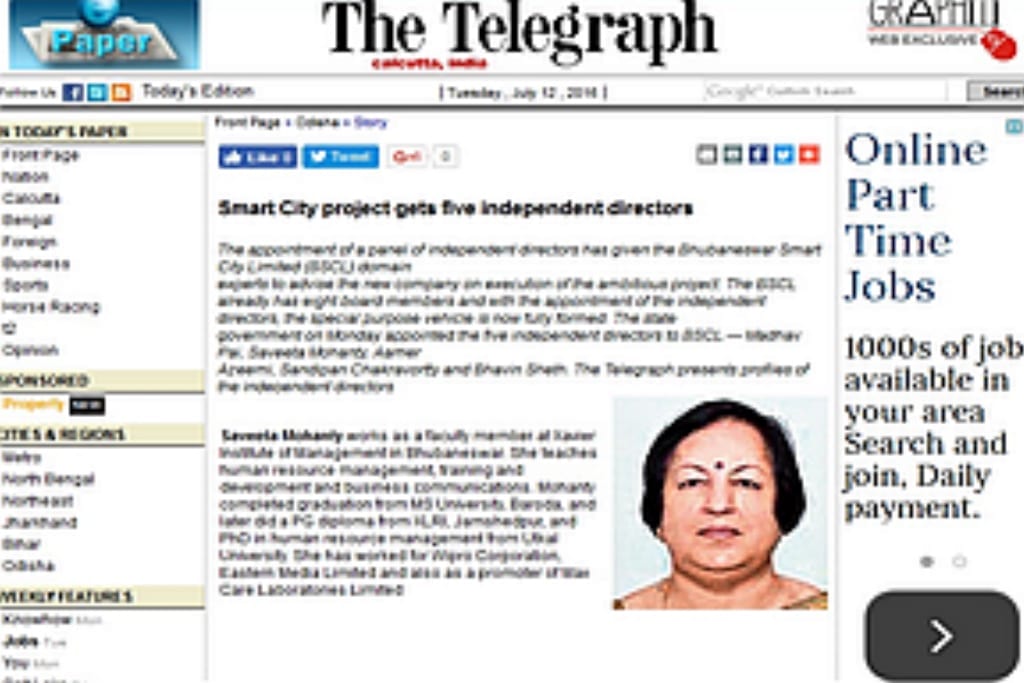 Prof. SAVEETA MOHANTY, XIMB,Xavier University appointed as one of the independent Director of the Smart City Project, Bhubaneswar by the State Govt. Odisha.